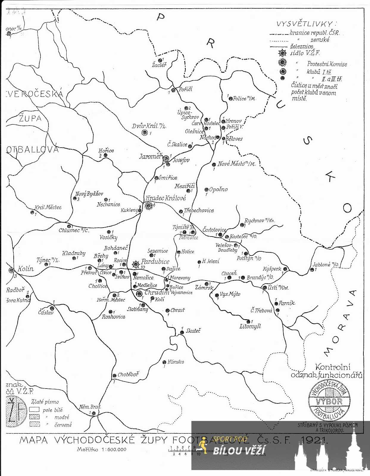 Mapa Východočeské župy footballové z roku 1921. Z Hradce Králové byly čtyři týmy